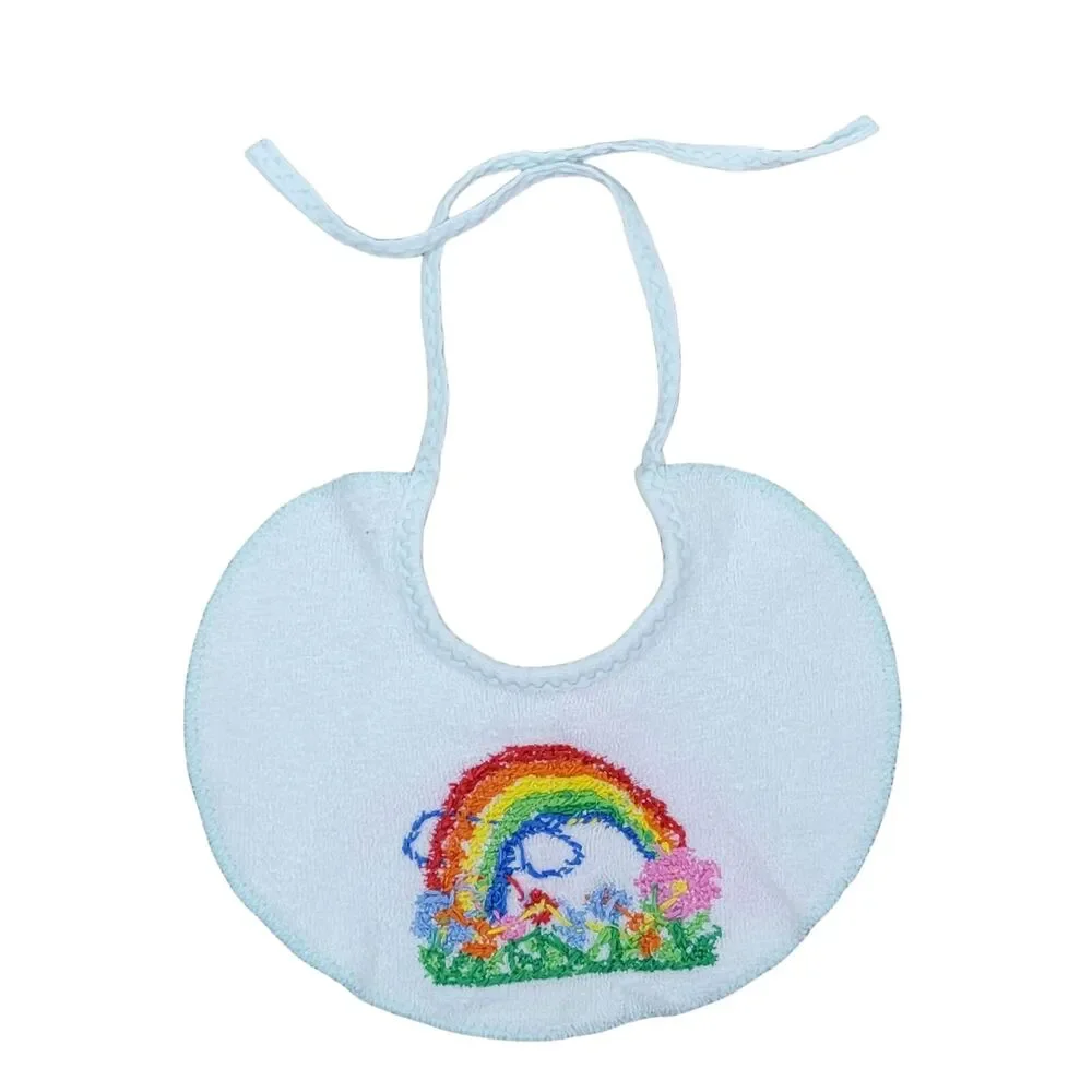 VTG 80s Cross‎ Stitch Bib Rainbow Flowers Terry Cloth White Multi Baby Infant